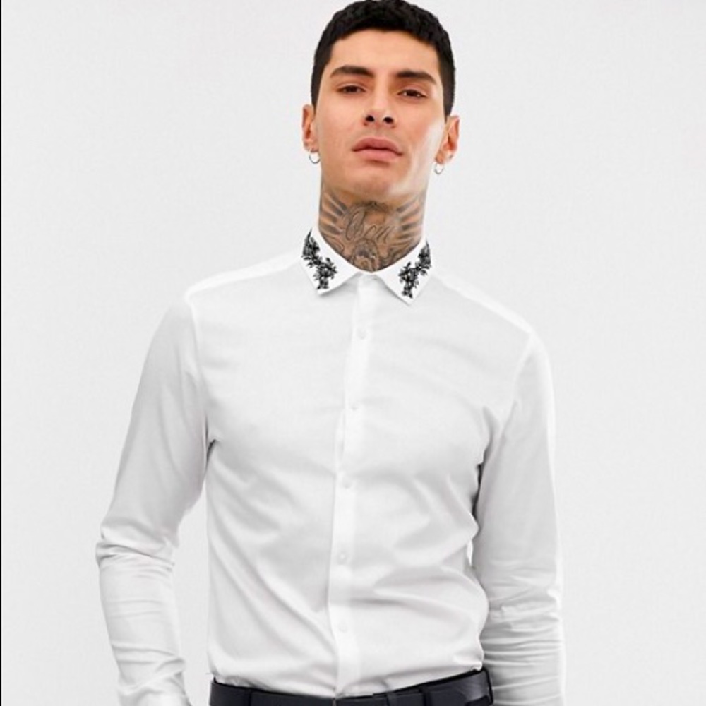 ASOS slim fit sateen shirt with embroidered collar